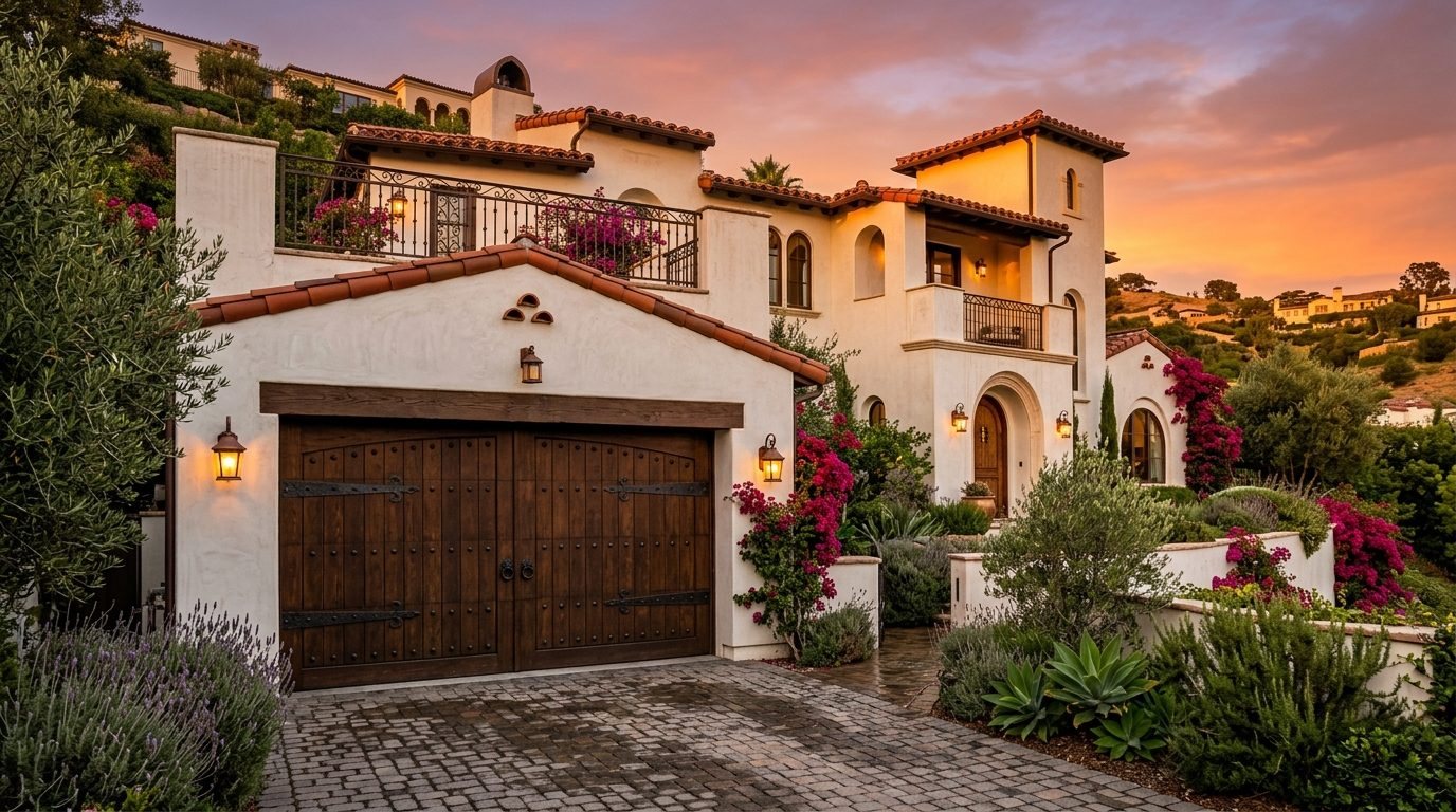 Mateo Garage Door Service Exterior Closed Garage Door at Twilight